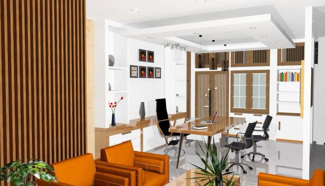 Ruang Kerja Eksekutif - Interior dengan wood slats dan sofa kulit premium