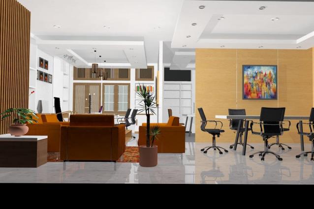 Ruang Tamu Rektor - Area resepsionis dengan custom furniture built-in