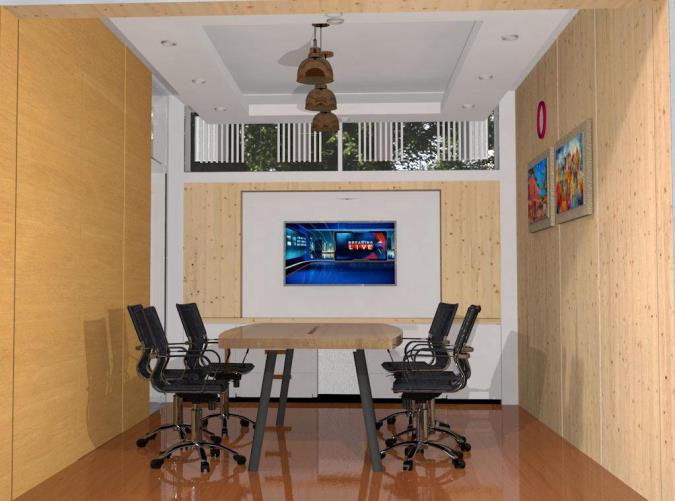 Backdrop TV & Meeting - Ruang rapat dengan TV display dan wood paneling